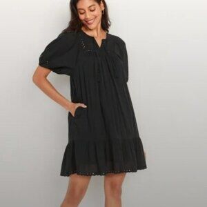 NWT Old Navy Black Cotton Swing Dress Puff Sleeve Tiered Skirt Sundress Size M